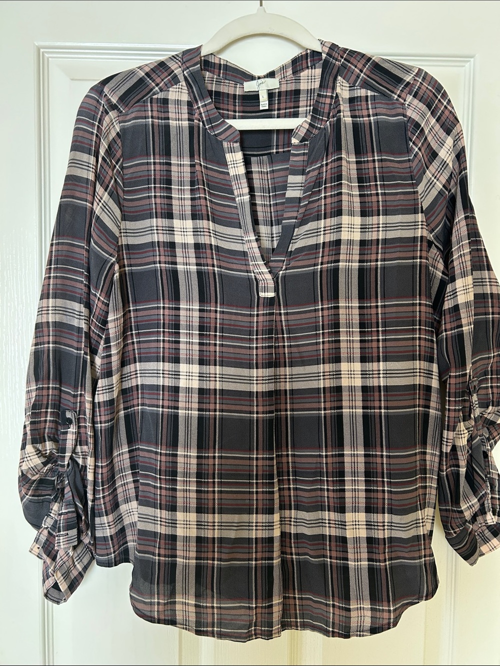 Joie Plaid Split-Neck Roll-Sleeve Blouse - Black, Grey and Pink